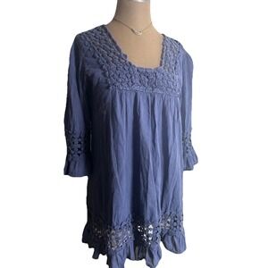 Top Tunic Crocheted Edging Bell Sleeve Boho Festival‎ Blue LG Lightwt